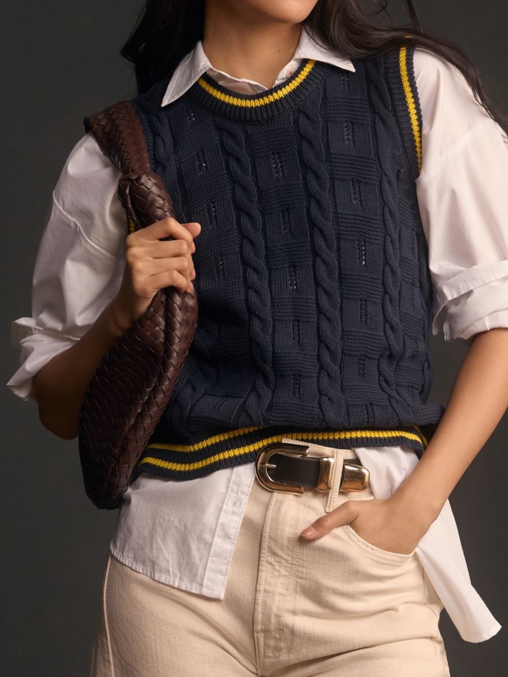 Anthropologie Navy Cable Knit Sleeveless Sweater with Yellow Trim
